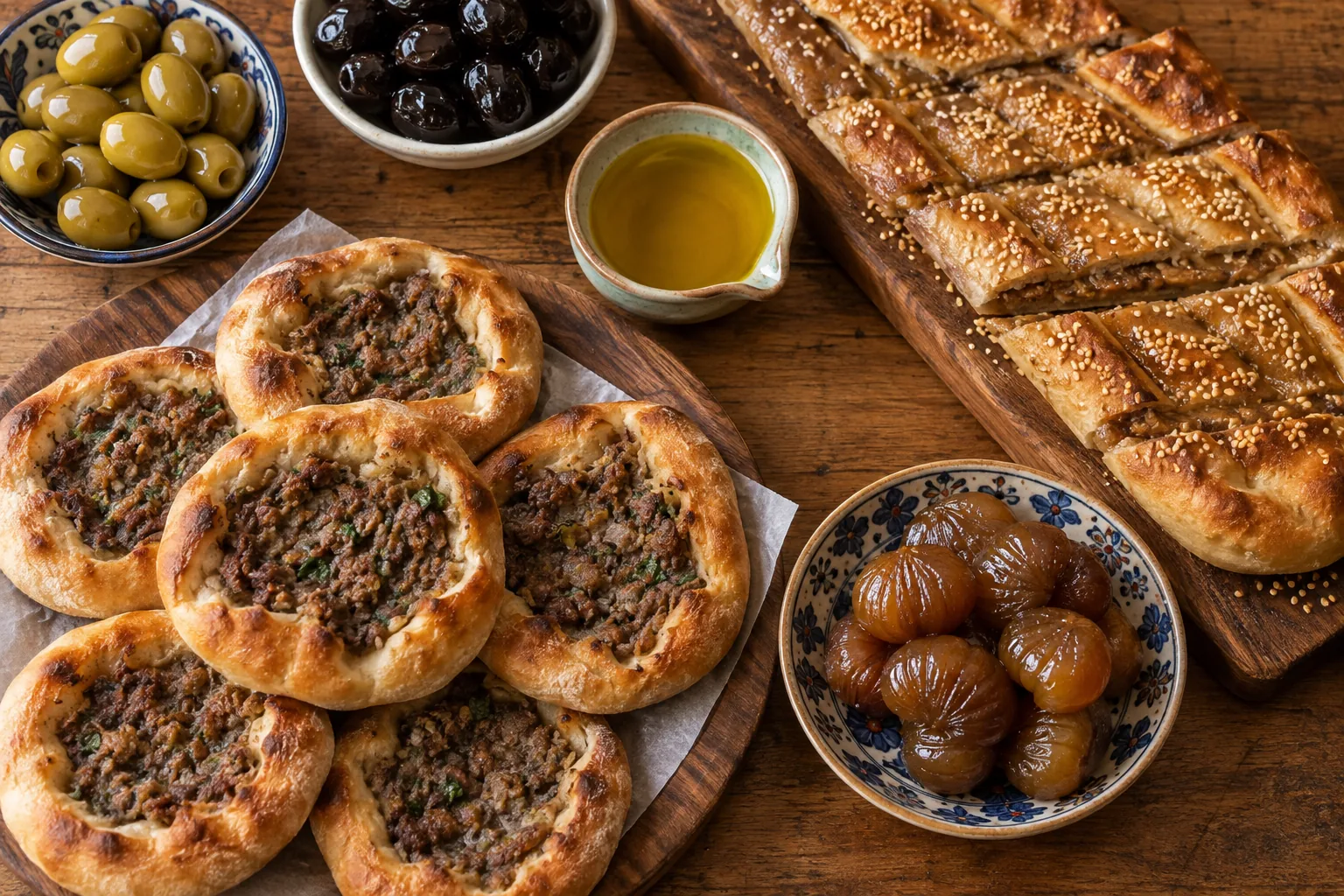 Bursa cantığı, tahinli pide, kestane şekeri, yeşil ve siyah zeytin ile zeytinyağı bulunan Bursa İznik sofrası