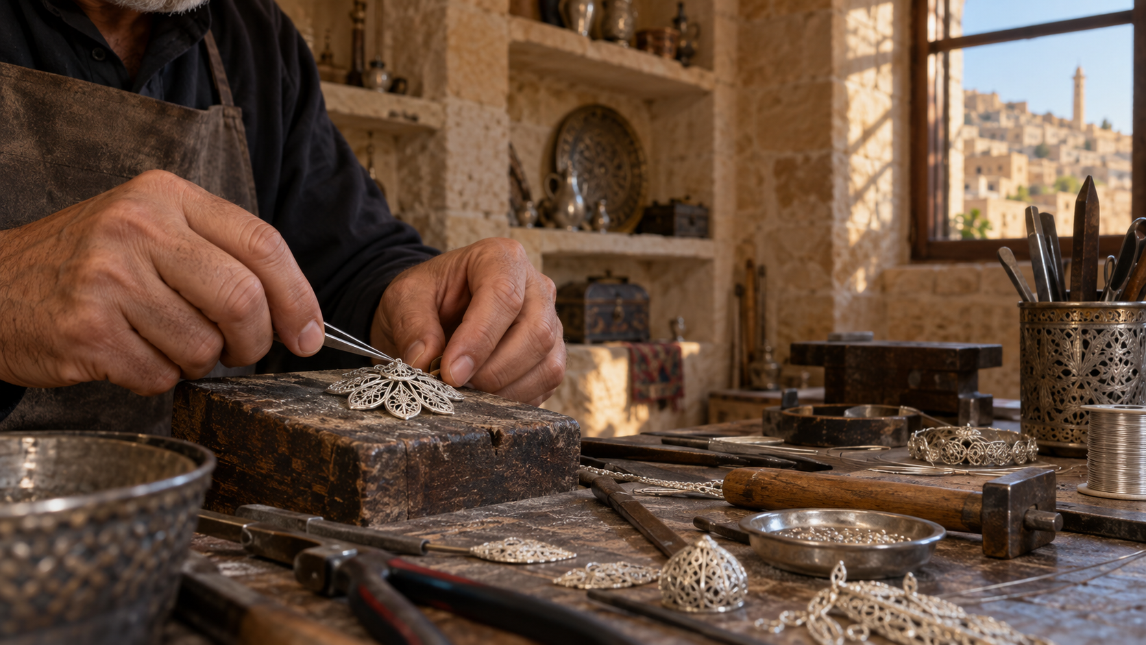 Midyat taş atölyesinde ince gümüş tellerle telkâri işleyen zanaatkârın elleri